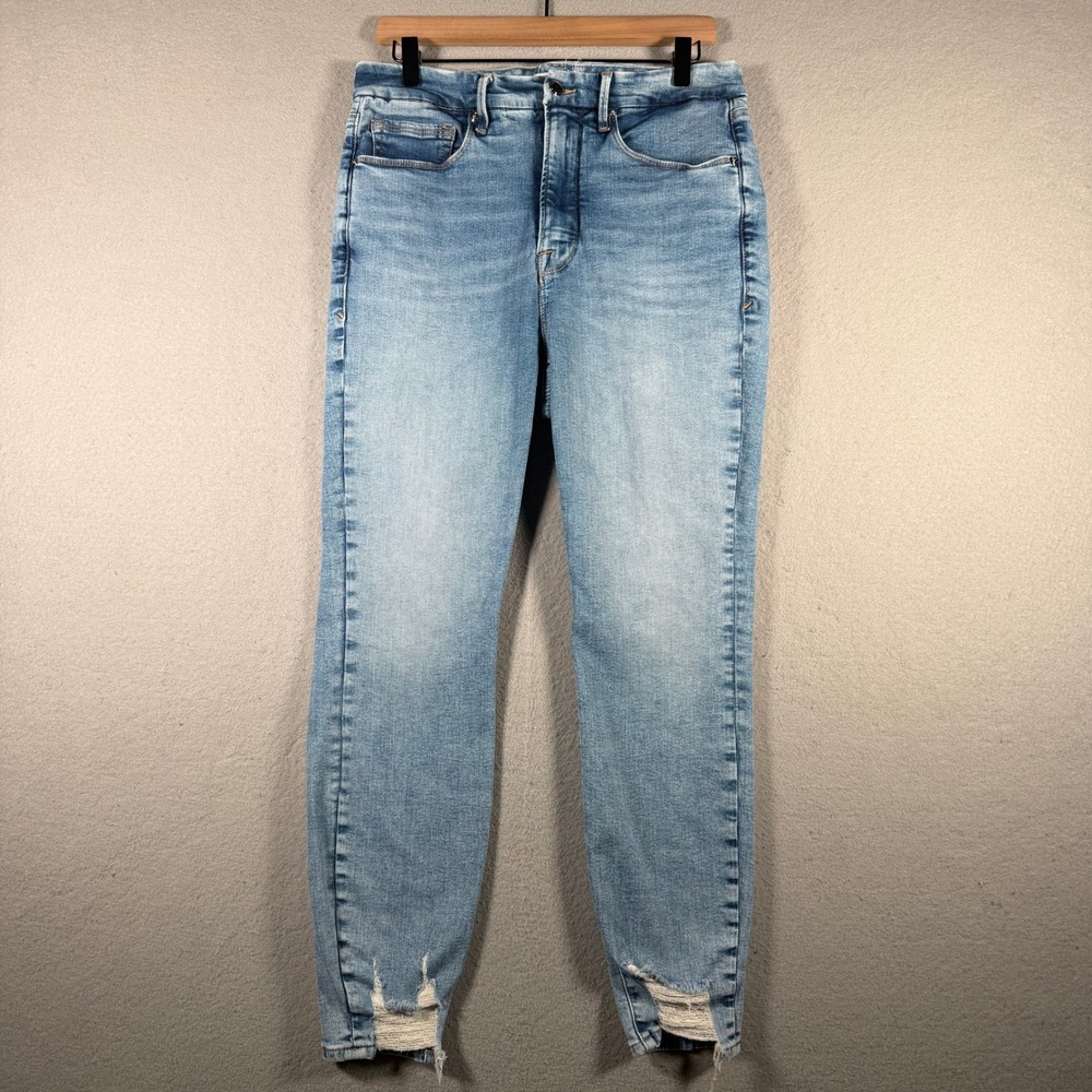 Good American High Rise Skinny Jeans Light Indigo Distressed Step Hem Size 15